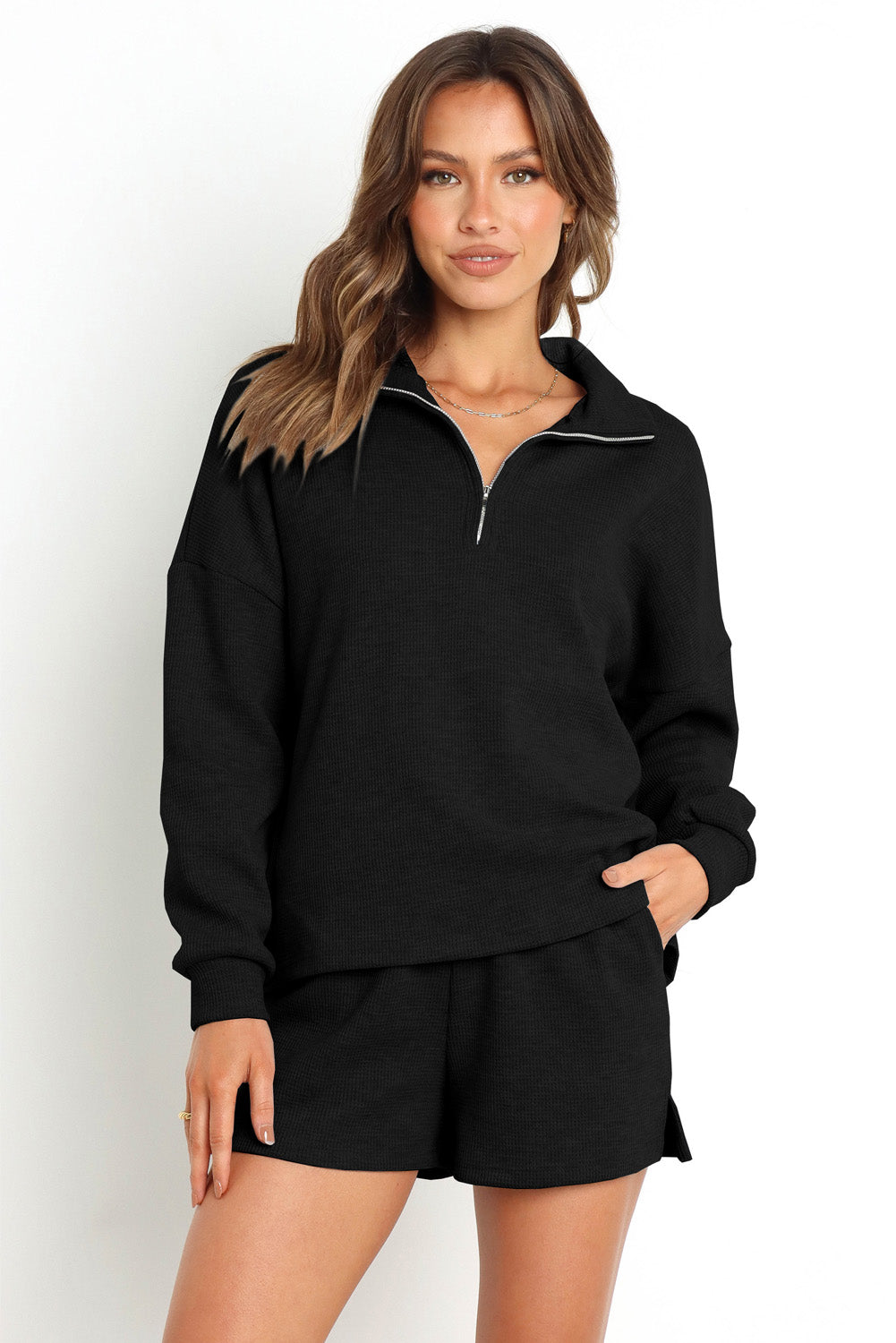 Women's Cozy Zip-Up Fleece Top and Slit Shorts Set