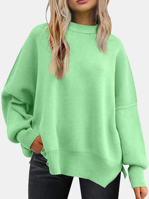 Round Neck Drop Shoulder Slit Casual Sweater