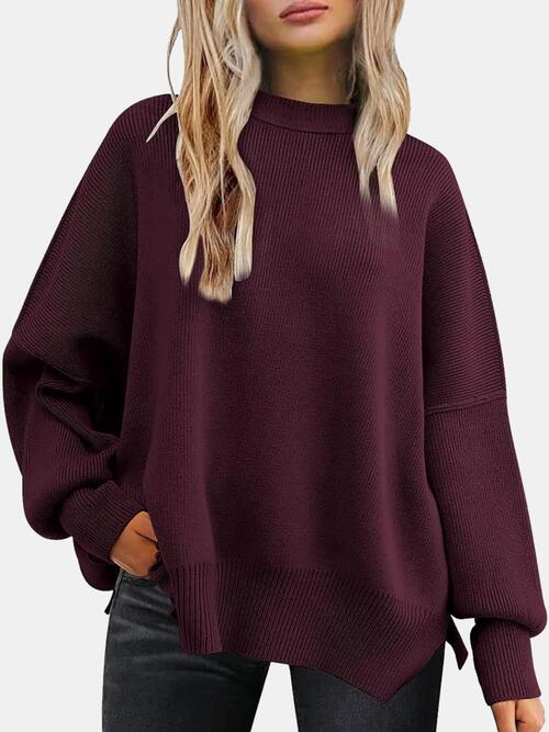 Round Neck Drop Shoulder Slit Casual Sweater