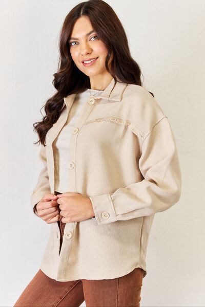 Texture Button Down Fray Detail Tan Shacket, Long Sleeve