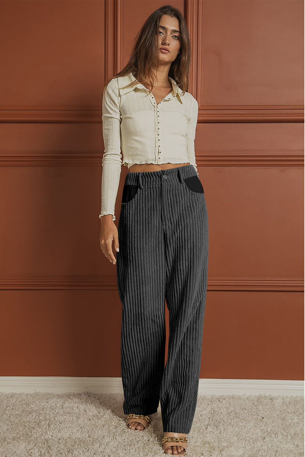 Women's Ribbed Longline Wide Leg Pocketed Pants