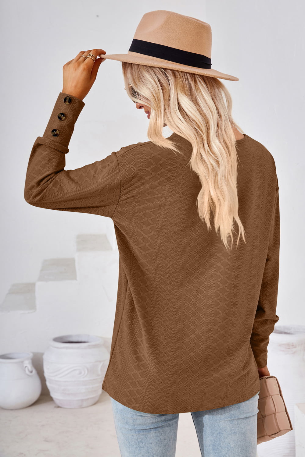 V-Neck Long Sleeve Button Detail Blouse