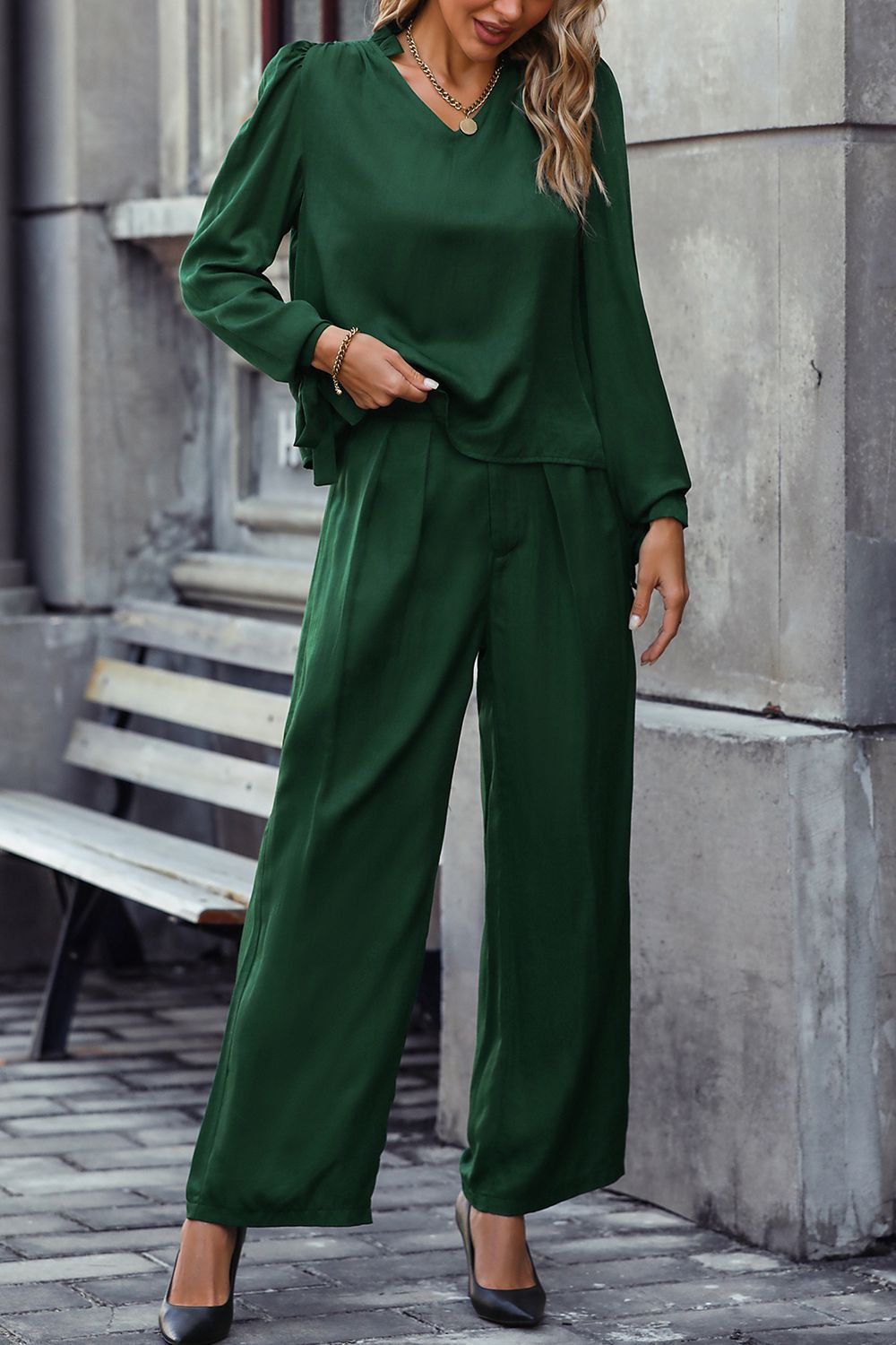 Women's 2 Piece Long Sleeve Top and Wide Leg Pants Set