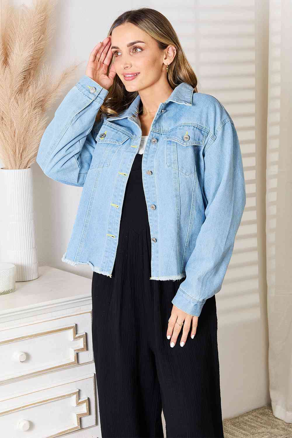 Dropped Shoulder Raw Hem Denim Jacket for Her, Everyday Wear