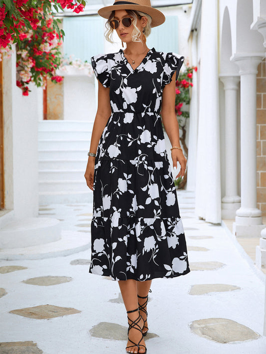Floral Frill Trim V-Neck Dress