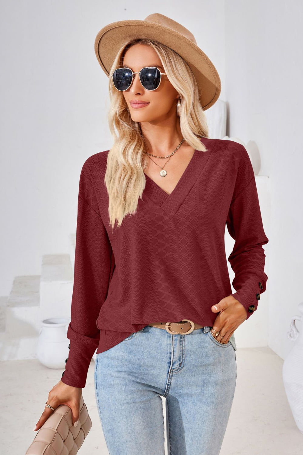 V-Neck Long Sleeve Button Detail Blouse