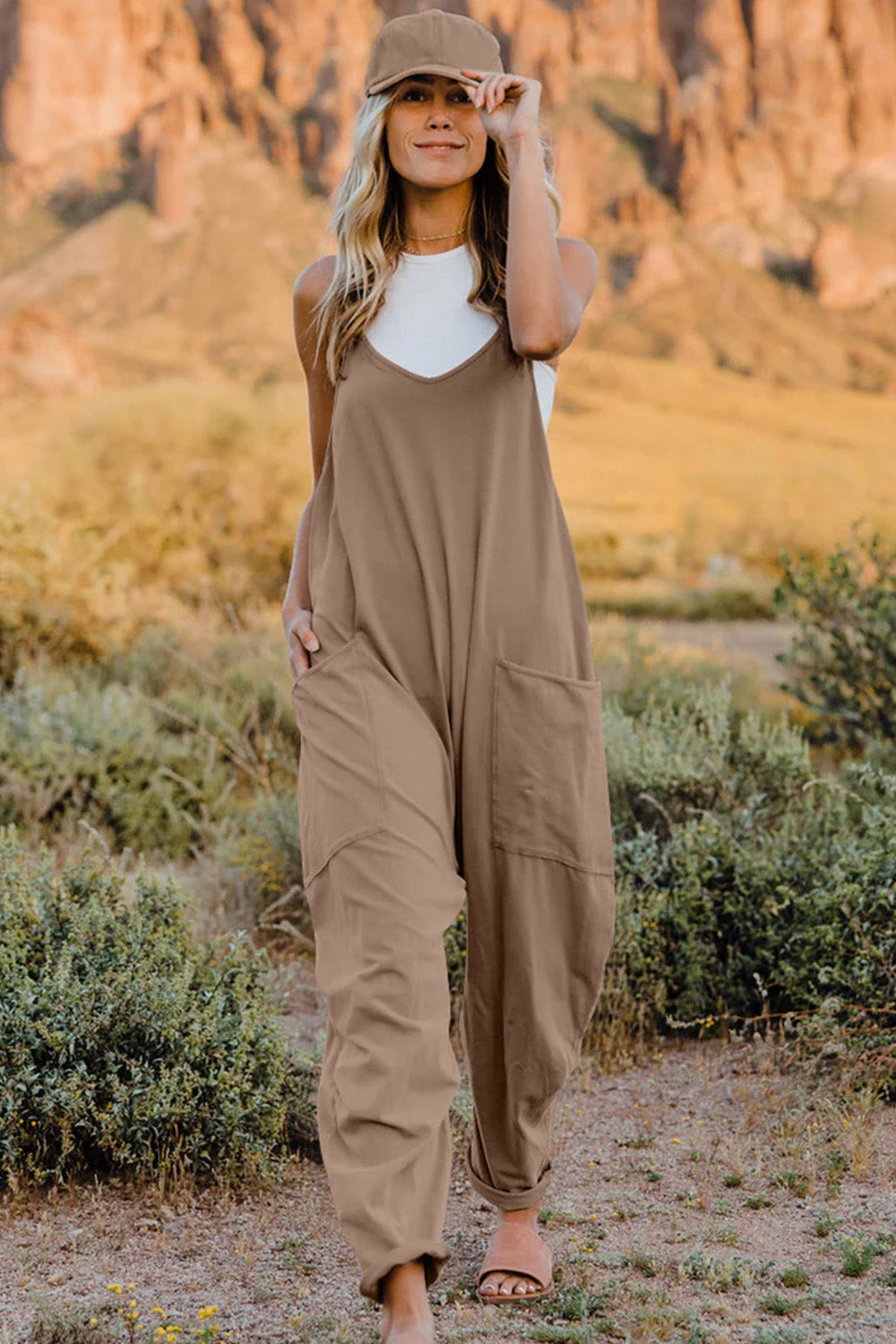 Bohemian V-Neck Sleeveless Jumpsuit with Pocket