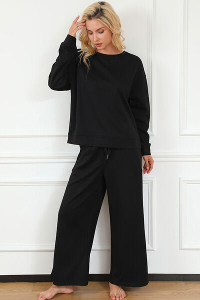 Textured Long Sleeve Top and Drawstring Pants 2 Piece Set