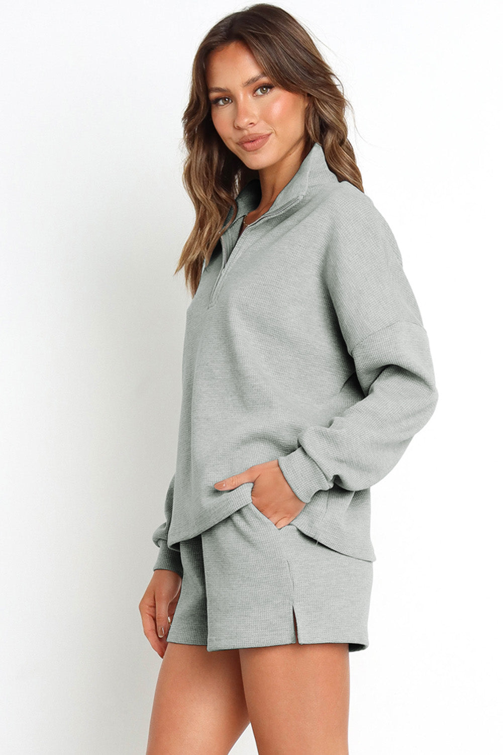 Women's Cozy Zip-Up Fleece Top and Slit Shorts Set