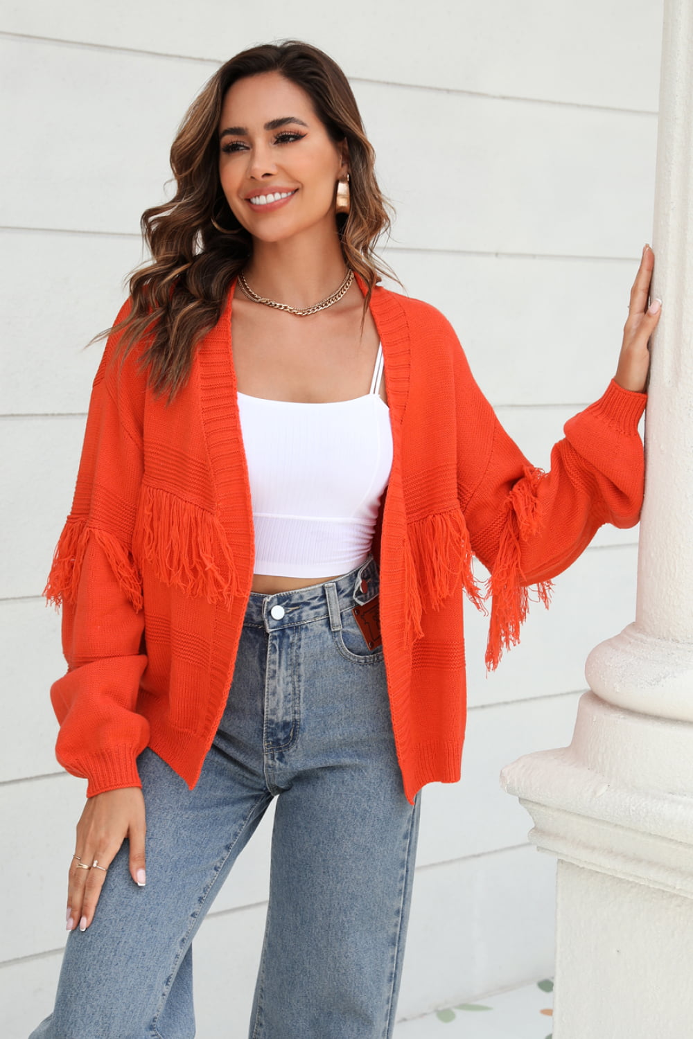 Double Fringe Trim Open Front Cardigan