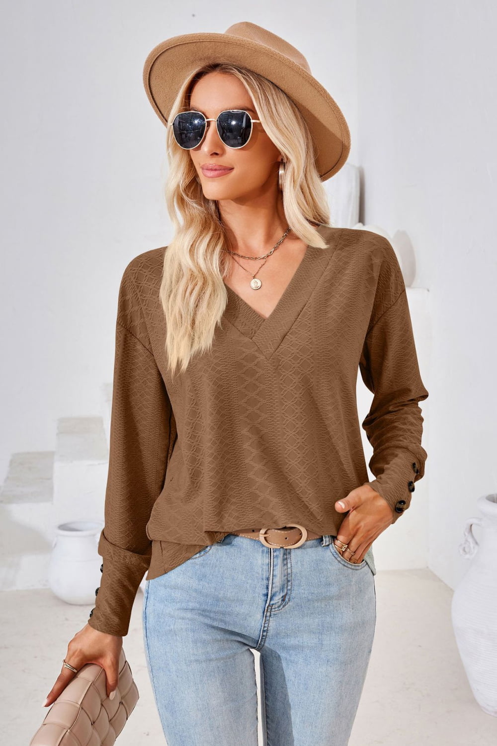 V-Neck Long Sleeve Button Detail Blouse