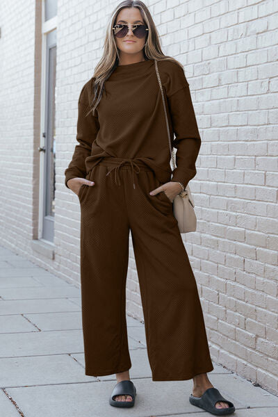 Textured Long Sleeve Top and Drawstring Pants 2 Piece Set