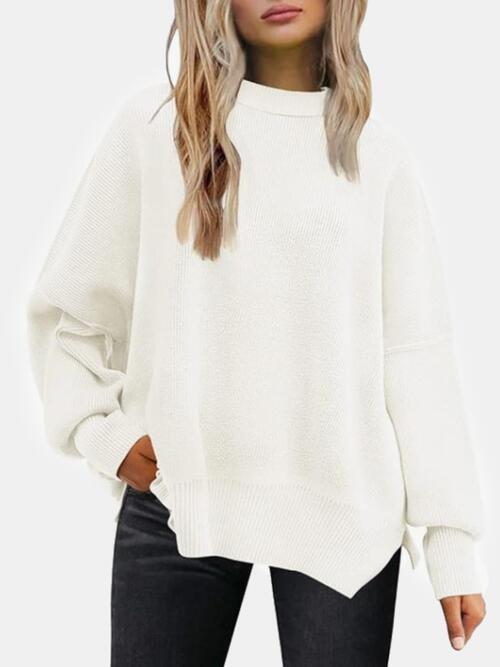 Round Neck Drop Shoulder Slit Casual Sweater