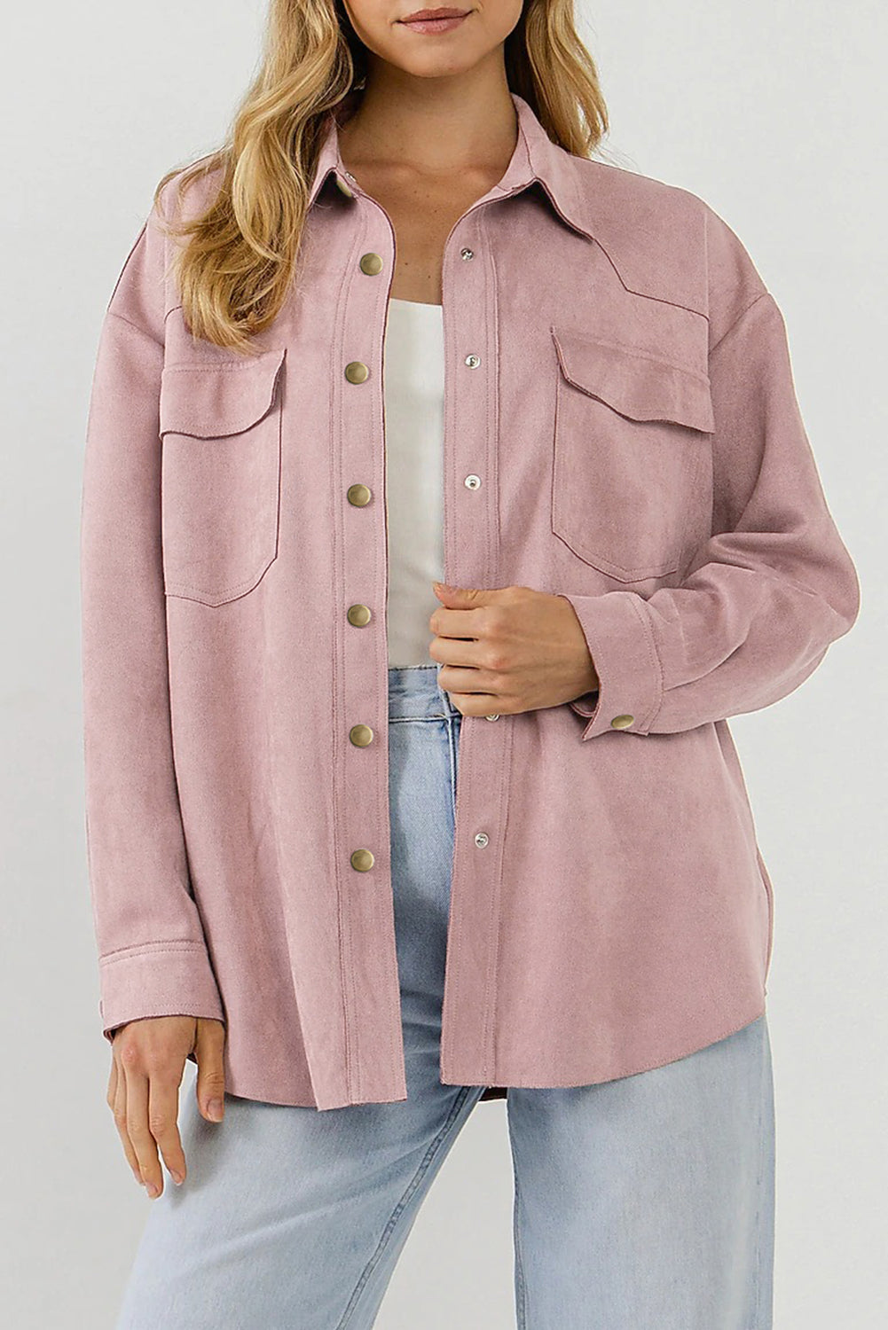 Suede Snap Front Jacket, Long Sleeve Shacket