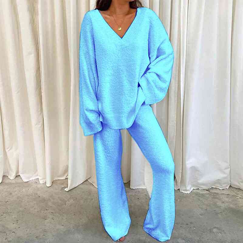 Cozy V-Neck Long Sleeve Top and Long Pants Set, Colorful Lounge Wear