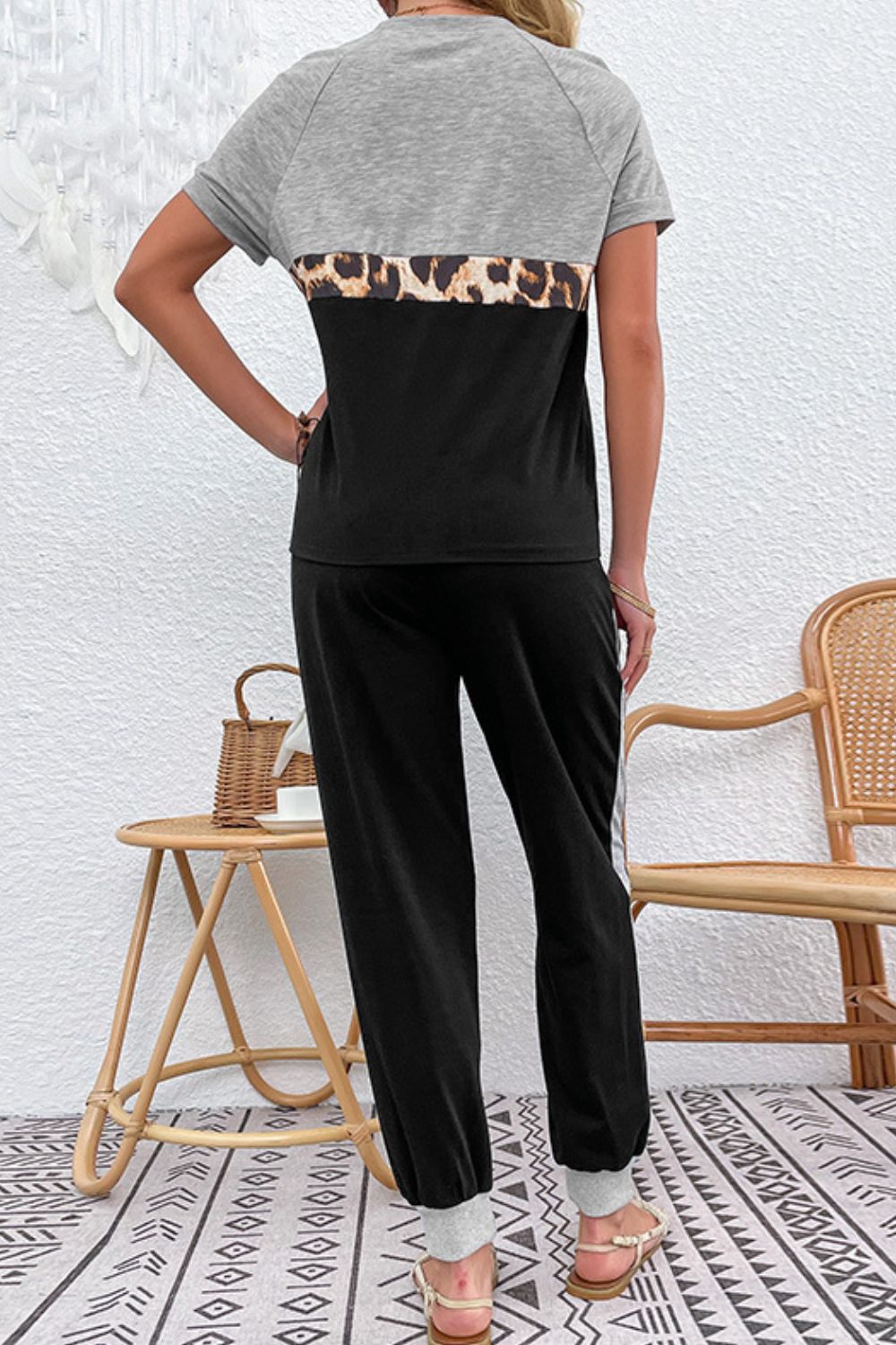 Short Sleeve Black and Grey Top and Drawstring Pants Set Loungewear Everyday Wear