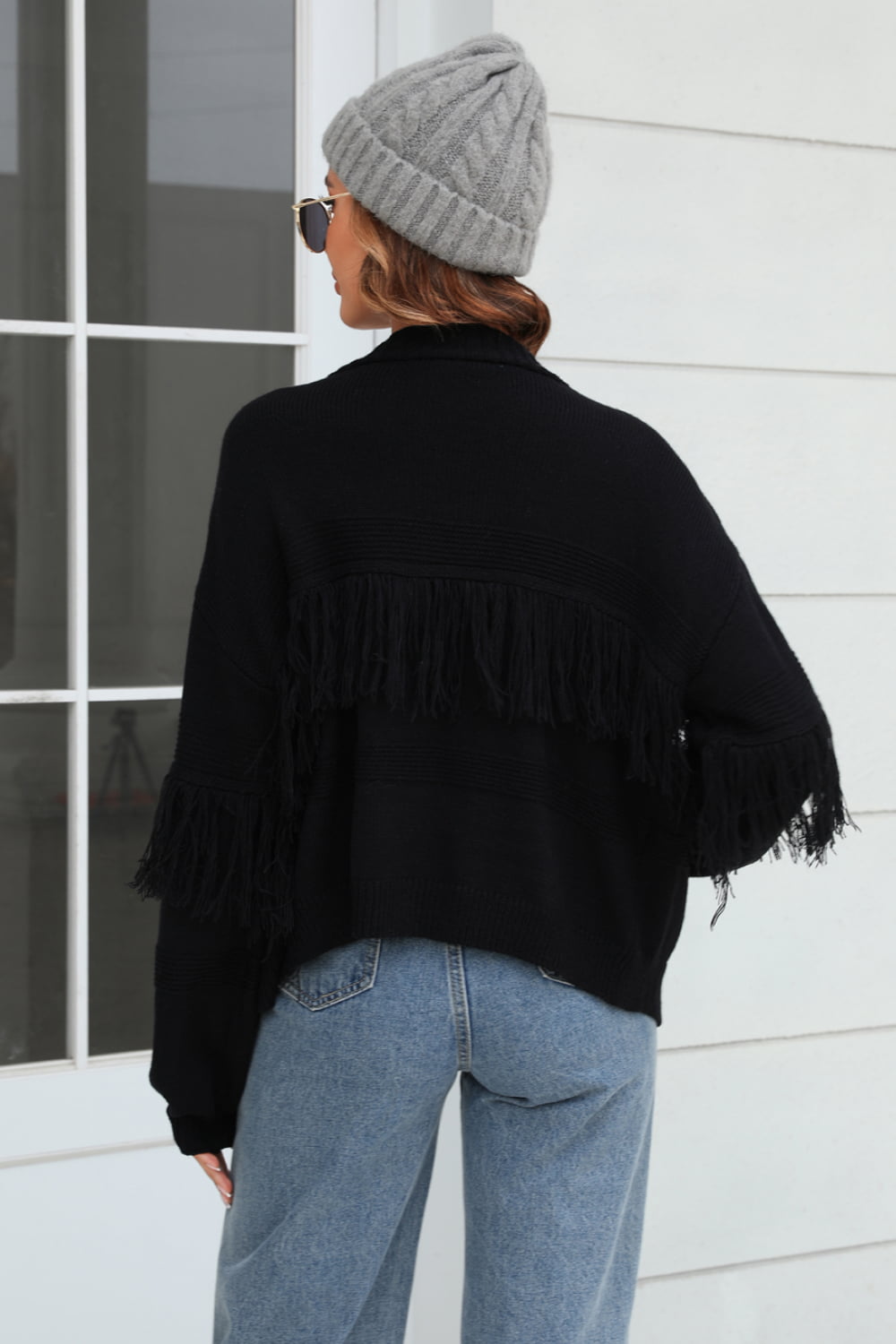 Double Fringe Trim Open Front Cardigan