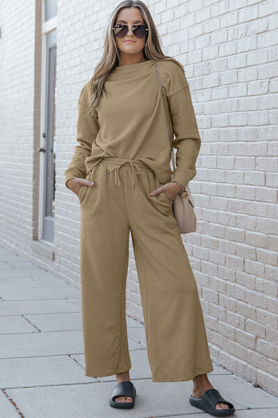 Textured Long Sleeve Top and Drawstring Pants 2 Piece Set