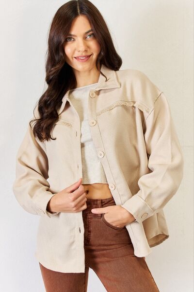 Texture Button Down Fray Detail Tan Shacket, Long Sleeve