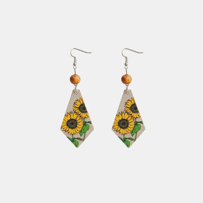 Blue, Sunflower Floral Wooden Teardrop Earrings