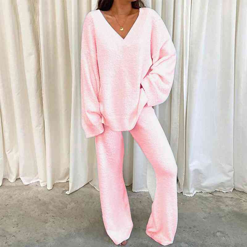 Cozy V-Neck Long Sleeve Top and Long Pants Set, Colorful Lounge Wear