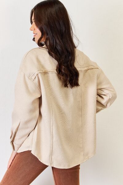 Texture Button Down Fray Detail Tan Shacket, Long Sleeve