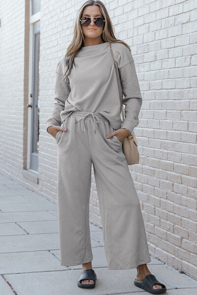 Textured Long Sleeve Top and Drawstring Pants 2 Piece Set