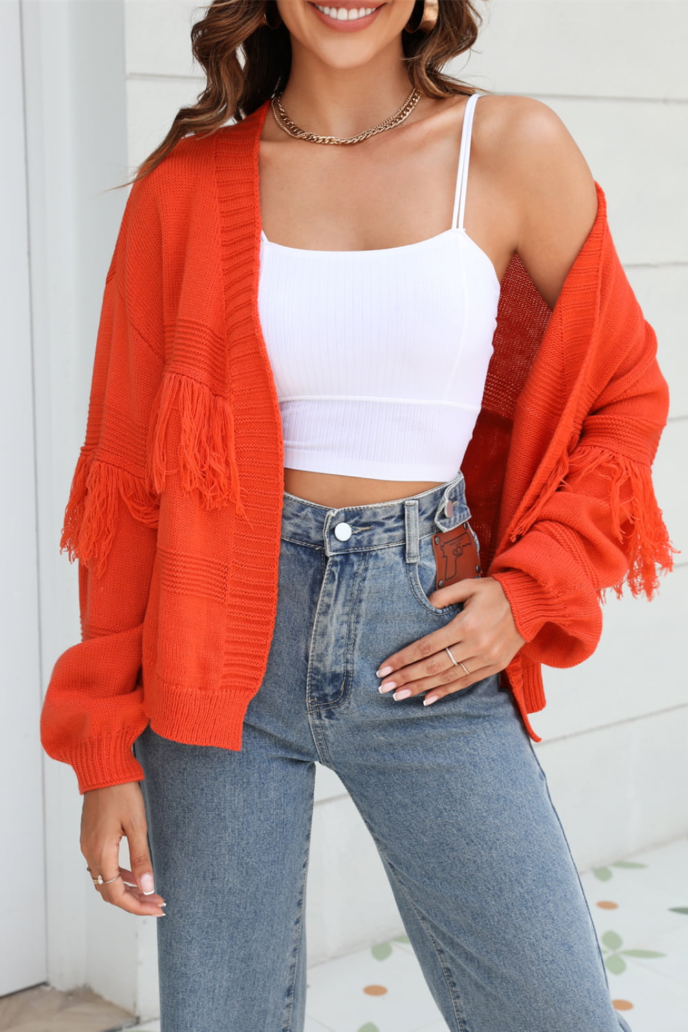 Double Fringe Trim Open Front Cardigan