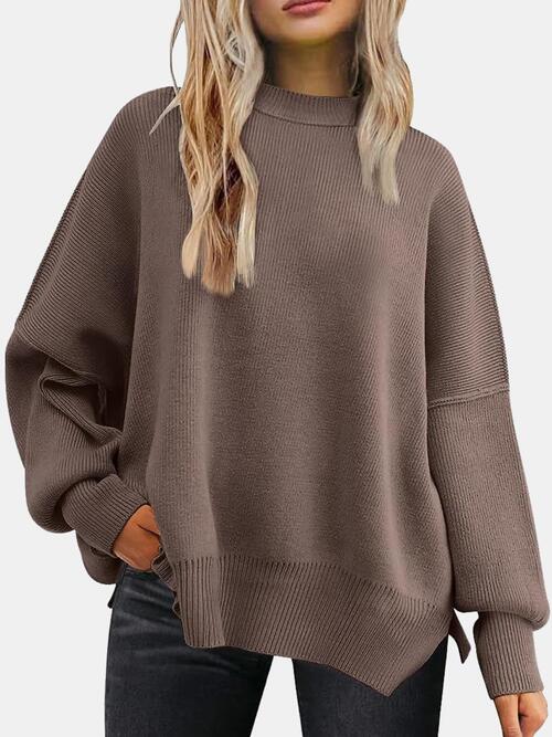 Round Neck Drop Shoulder Slit Casual Sweater