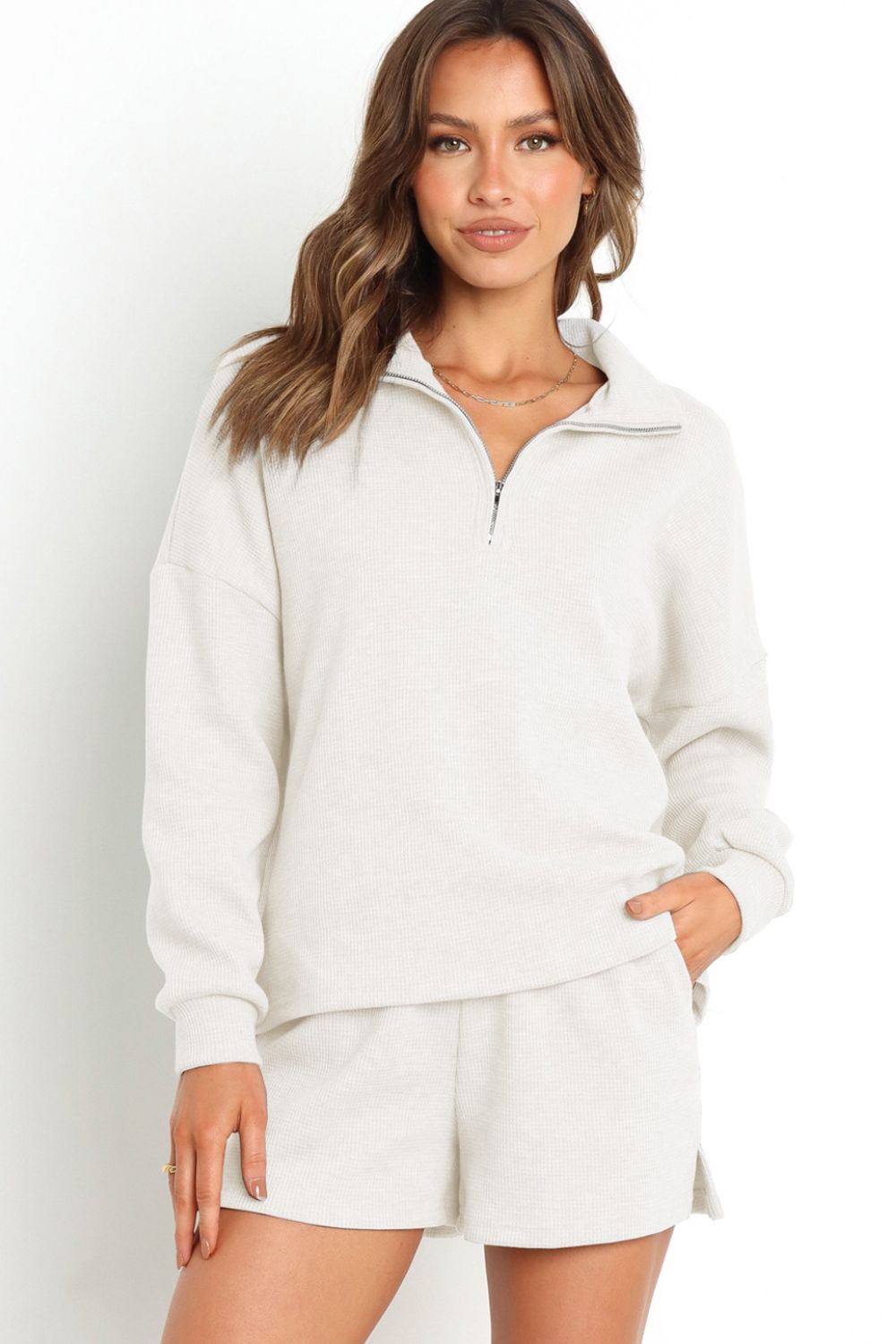 Women's Cozy Zip-Up Fleece Top and Slit Shorts Set