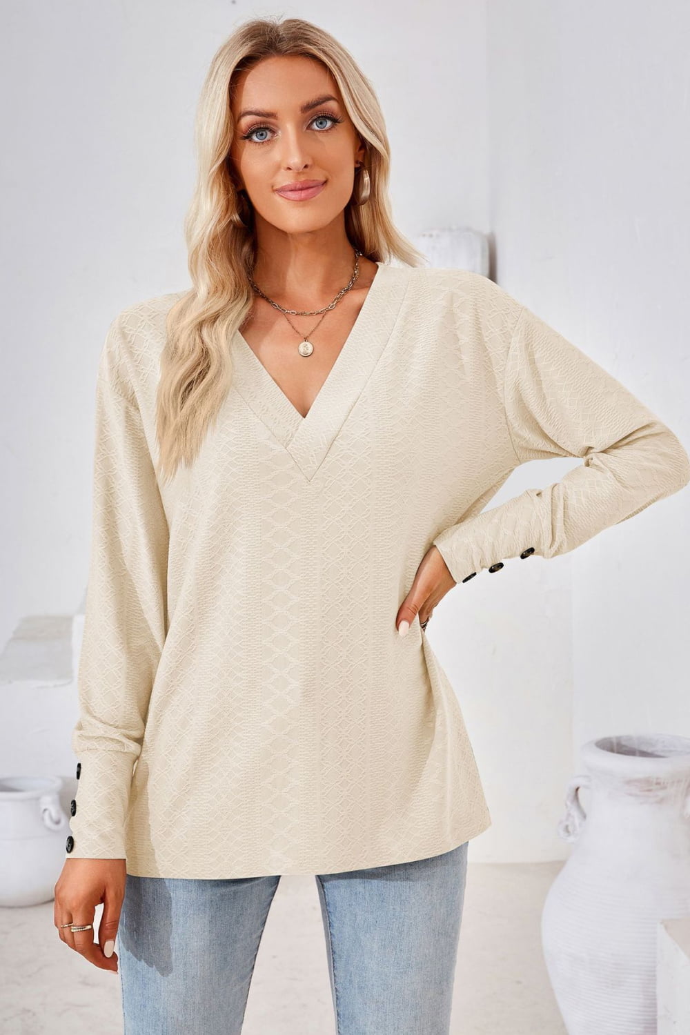 V-Neck Long Sleeve Button Detail Blouse