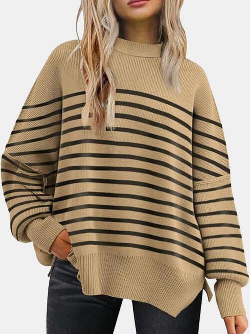 Round Neck Drop Shoulder Slit Casual Sweater