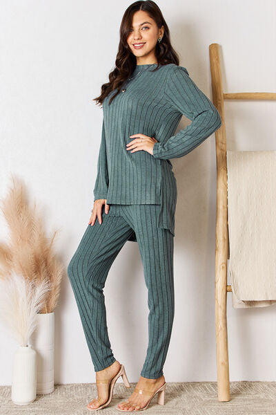 2-Piece Ribbed Round Neck High-Low Slit Top and Pants Set