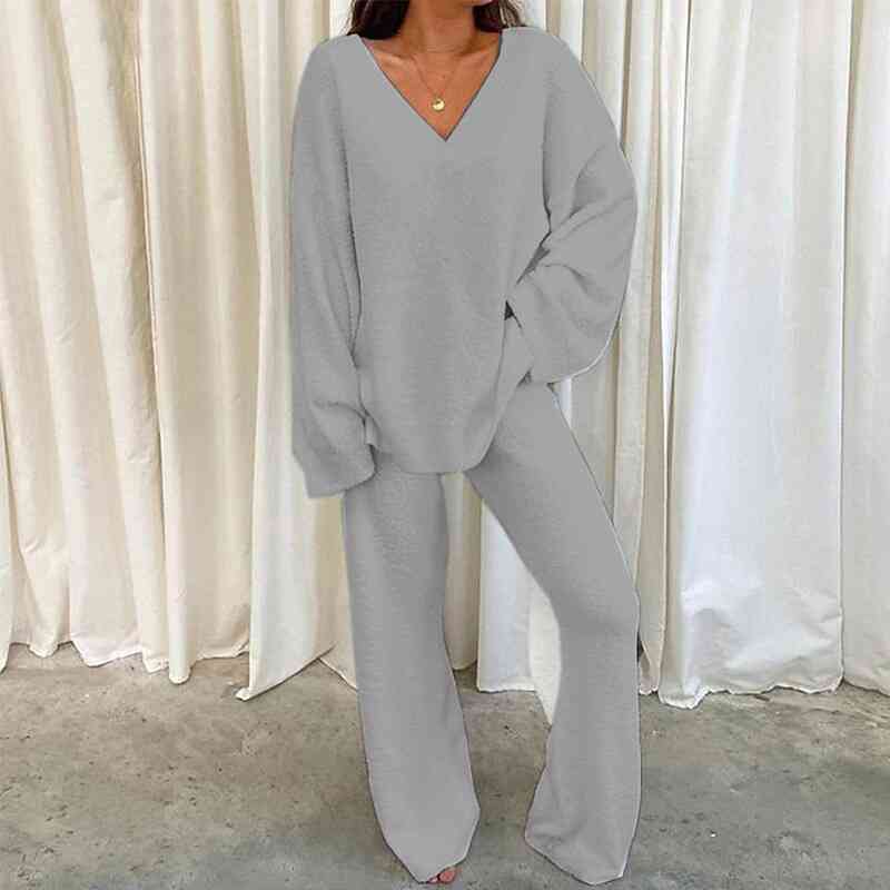 Cozy V-Neck Long Sleeve Top and Long Pants Set, Colorful Lounge Wear