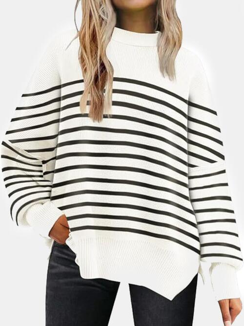 Round Neck Drop Shoulder Slit Casual Sweater