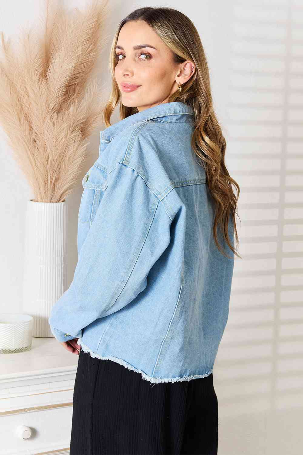 Dropped Shoulder Raw Hem Denim Jacket for Her, Everyday Wear